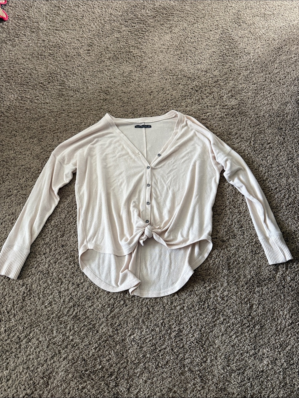 Abercrombie & Fitch Light Pink Button-Front Tie-Hem Top